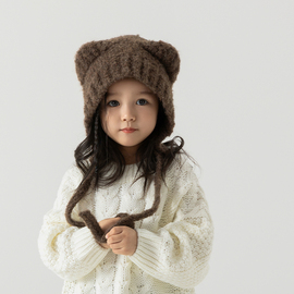 儿童帽子秋冬季女童毛线，帽宝宝护耳帽可爱小熊，毛绒针织帽男童冬款