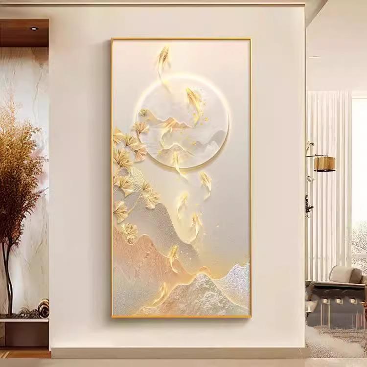 轻奢入户玄关客厅高级感装饰壁画走廊过道九鱼图艺术背景墙画挂画图片