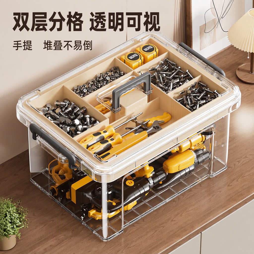 工具箱家用透明可视双层手提多功能收纳盒五金零件杂物整理盒