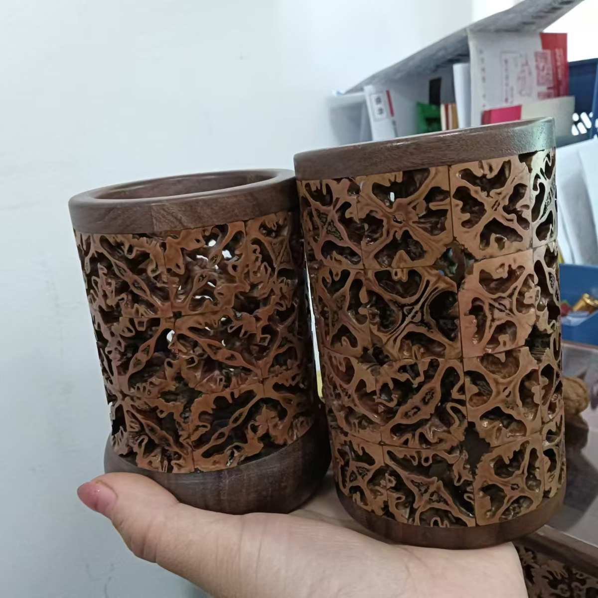 核桃壳手工拼接胡桃木家用茶针茶夹功夫茶具核桃镂空高档笔筒