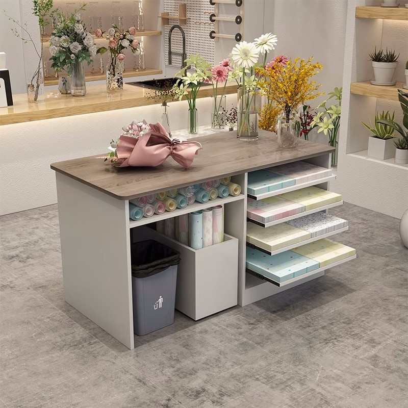80高多功能收银台操作台插花展示台包装纸收纳柜花店花架桌可抽拉