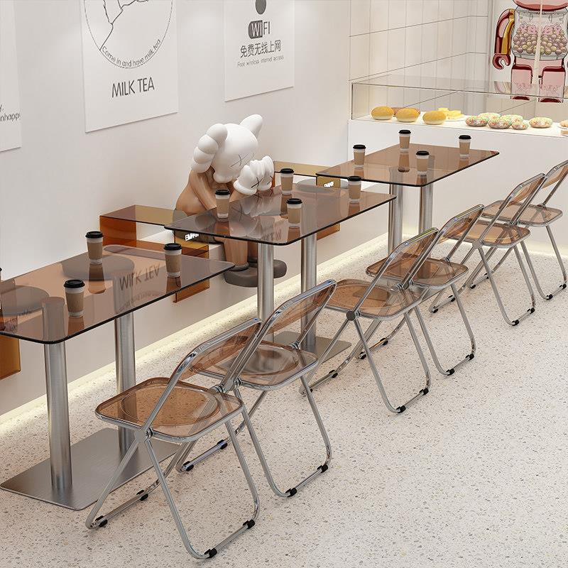 钢化玻璃餐桌甜品奶茶店长方形桌子现代简约玻璃桌商用餐桌椅组合