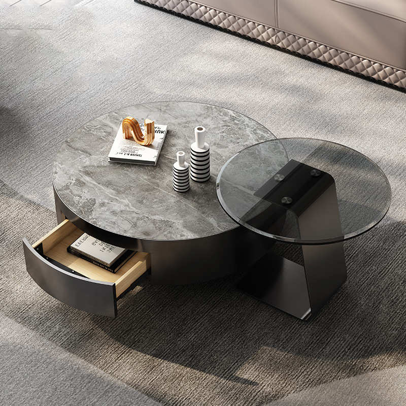 岩侘寂收纳盒茶几奢板圆形红轻简约高级现代意不锈钢风小户型网式