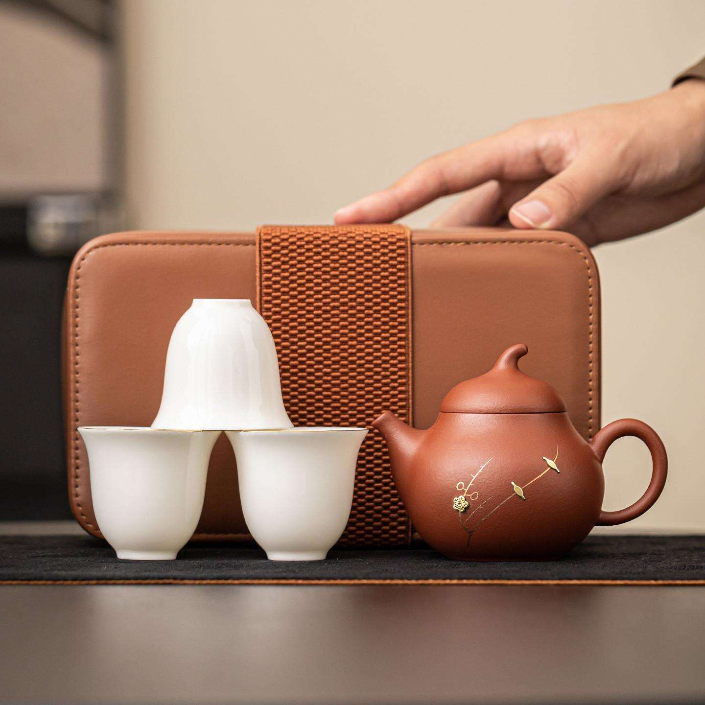 锔钉梅花枝便携式旅行茶具一壶三杯户外泡茶专用套装快客杯紫砂壶