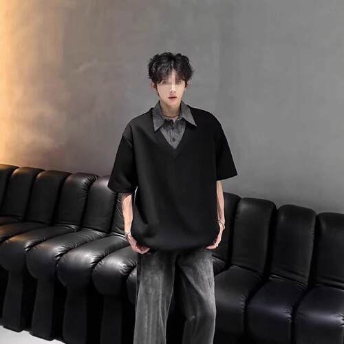 假两件条纹短袖polo衫新款夏季潮牌美式复古拼接衬衫领t恤上衣