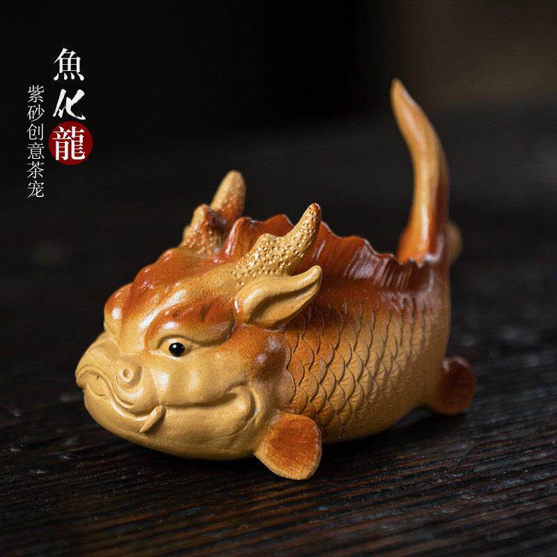 宜兴紫砂茶宠鱼化龙摆件手工茶具配件可养招财鲤鱼雕塑陶瓷装饰