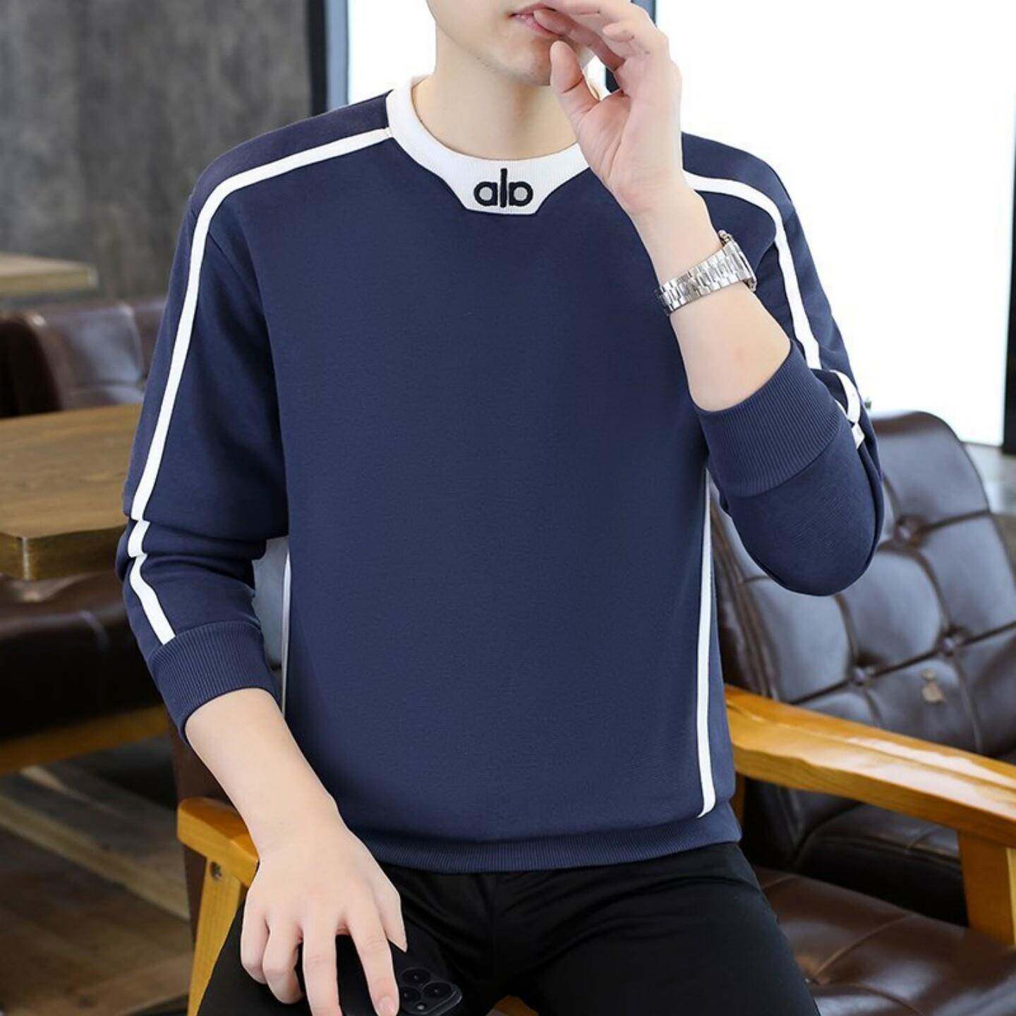 高端品牌圆领卫衣男蓝色潮流修身男士长袖t恤薄款刺绣拼接打底衫