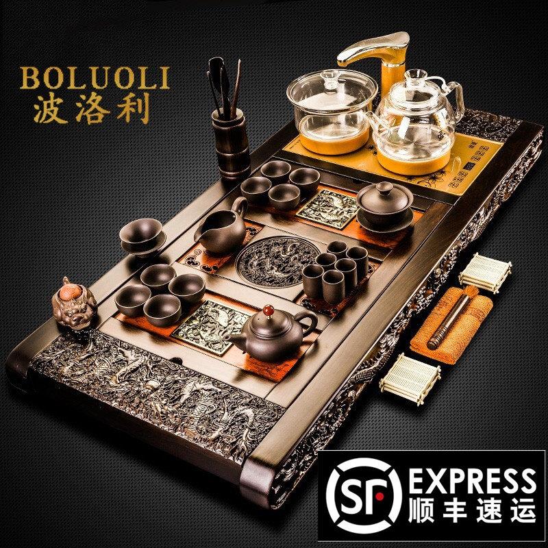 紫砂功夫茶具套组家用高档黑檀木茶盘全自动一体烧水壶客厅整简约