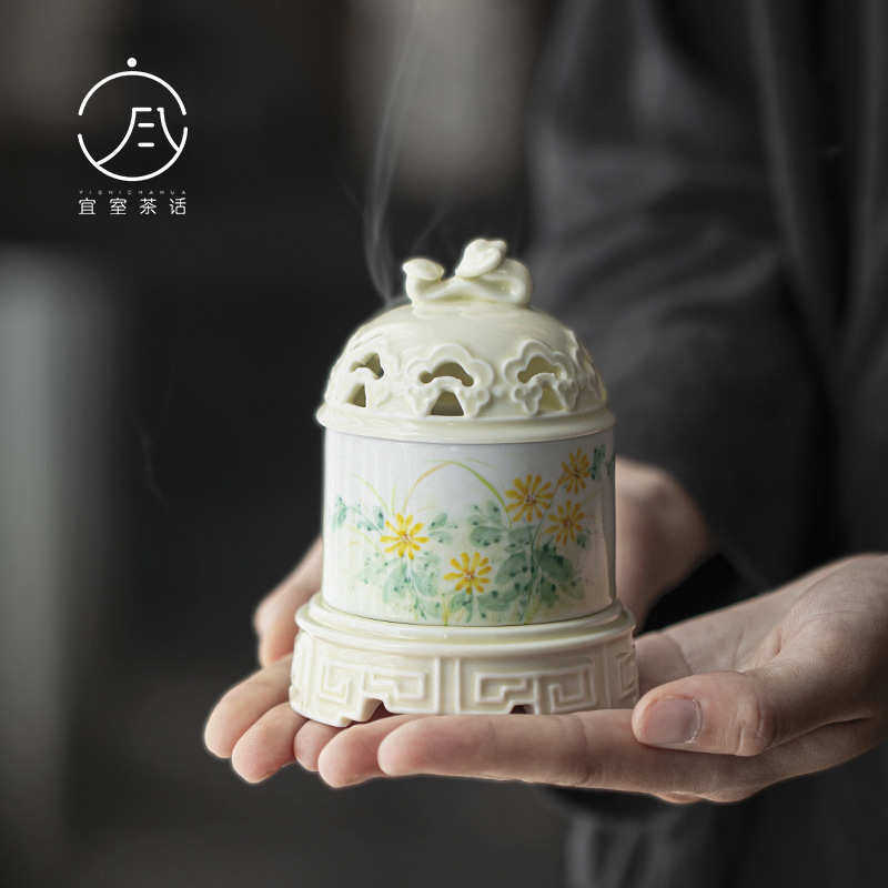 宜室茶话 釉下粉彩野菊赋香炉盘香炉安神檀香炉浮雕香炉家用摆件,餐饮具,茶具礼盒,淘宝优惠券,粉丝福利购,淘宝优惠卷