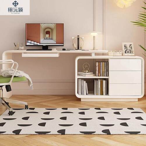 奶缩油风l型书桌书架一体卧室桌子可伸办公色电脑红书桌63226735