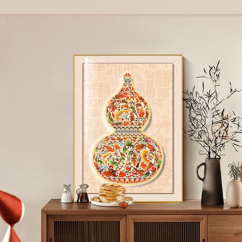 葫芦装饰画原木风福禄招财客厅餐柜桌面摆画珐瑯彩高档玄关壁画