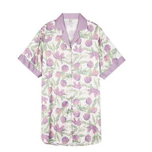 宽松睡衣短袖 网红爆款 裙紫色郁金香开衫 冰丝睡裙夏季 家居服薄 衬衫