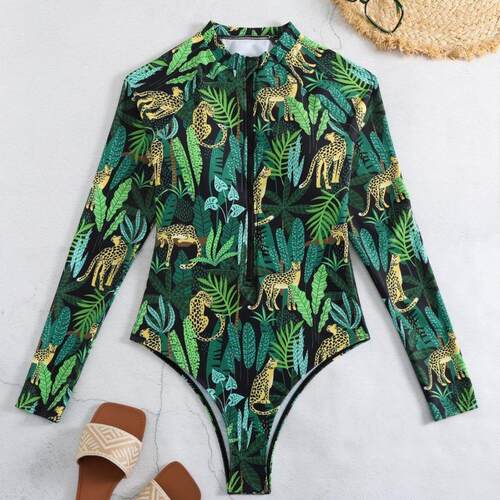 Jumpsuit women zipper bikini slimming print long sleeved