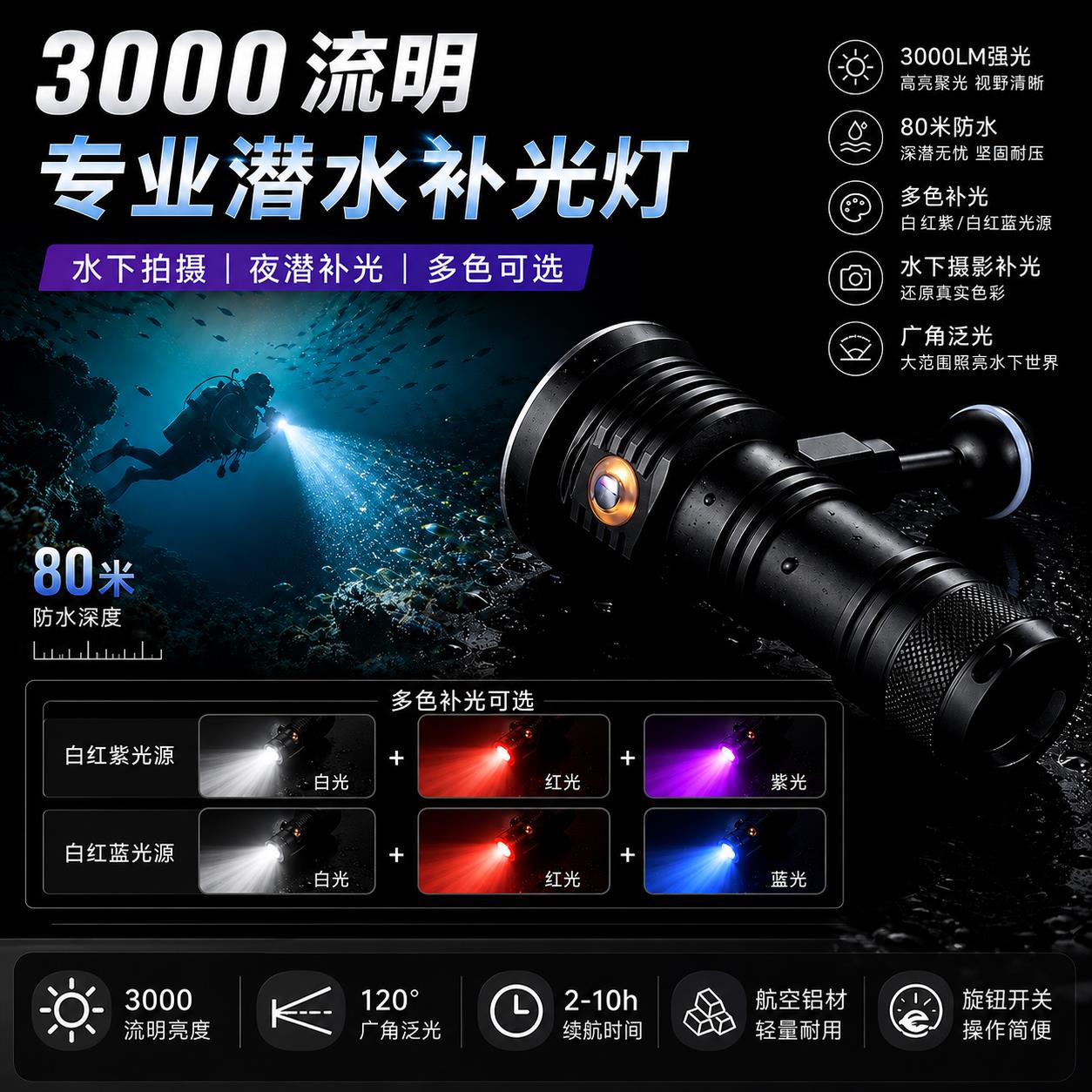 潜水摄影专用补光手电筒可充电夜潜防水探照灯水下拍摄照明超亮