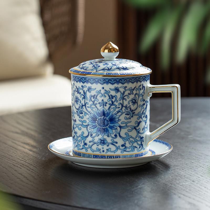景德镇青花瓷茶杯陶瓷带盖子带碟大容量泡茶杯高档办公会议杯礼品