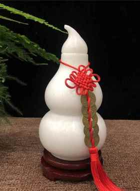 天然白玉带盖子葫芦摆件福禄纳福开口空心客厅玄关书房乔迁新居装