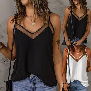 Women's Plain Contrast Mesh Sheer Cami Top, Casual