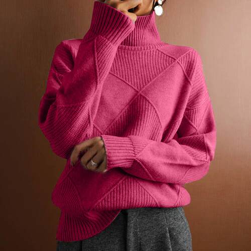 Women's pullover knitted sweater with high neckline and