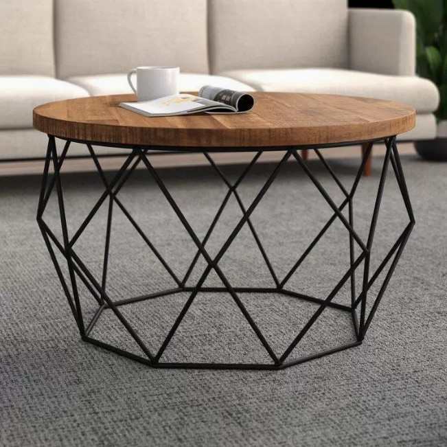 美式复古客厅圆形实木茶几工业风做旧创意小户型茶几桌家用茶台