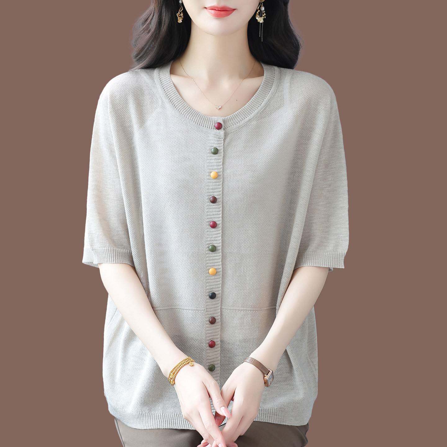 夏季新款桑蚕丝T恤女圆领宽松开衫短袖针织冰丝外搭薄款妈妈洋气