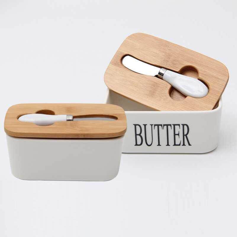 Butter Box Sealing With Wood Lid Knife Food Dish Ceramic