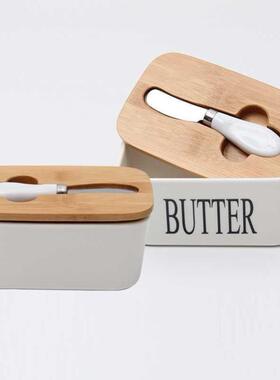 Butter Box Sealing With Wood Lid Knife Food Dish Ceramic