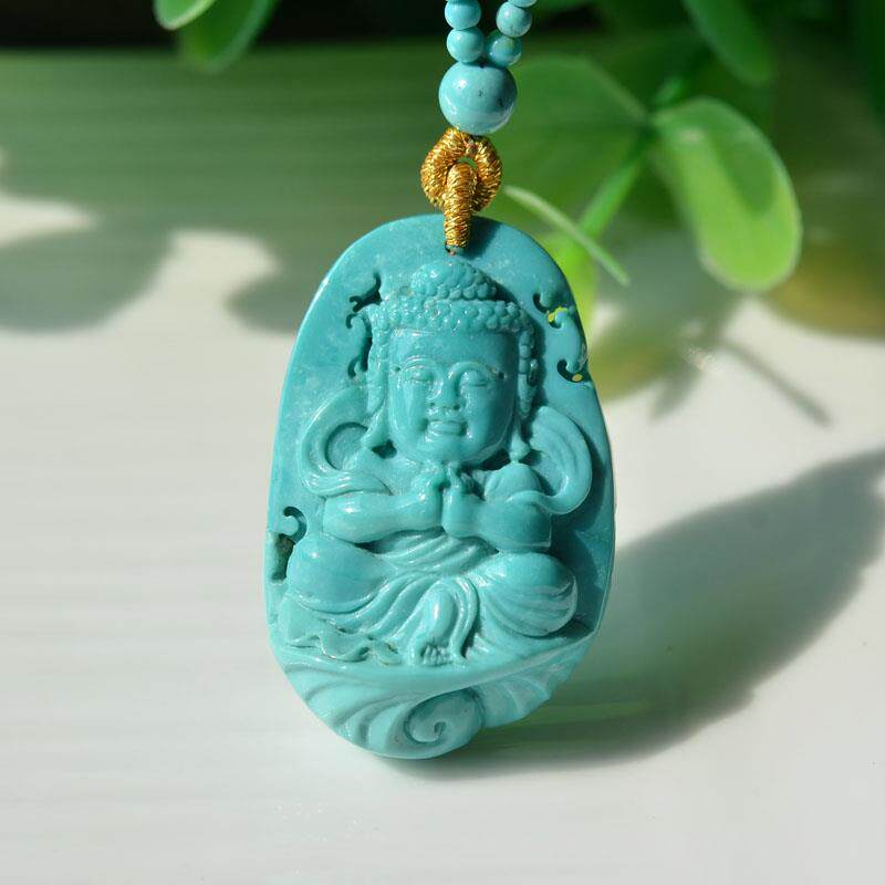 天然原矿高瓷清新唯美天蓝色绿松石吊坠雕刻释迦摩尼佛古朴清爽风