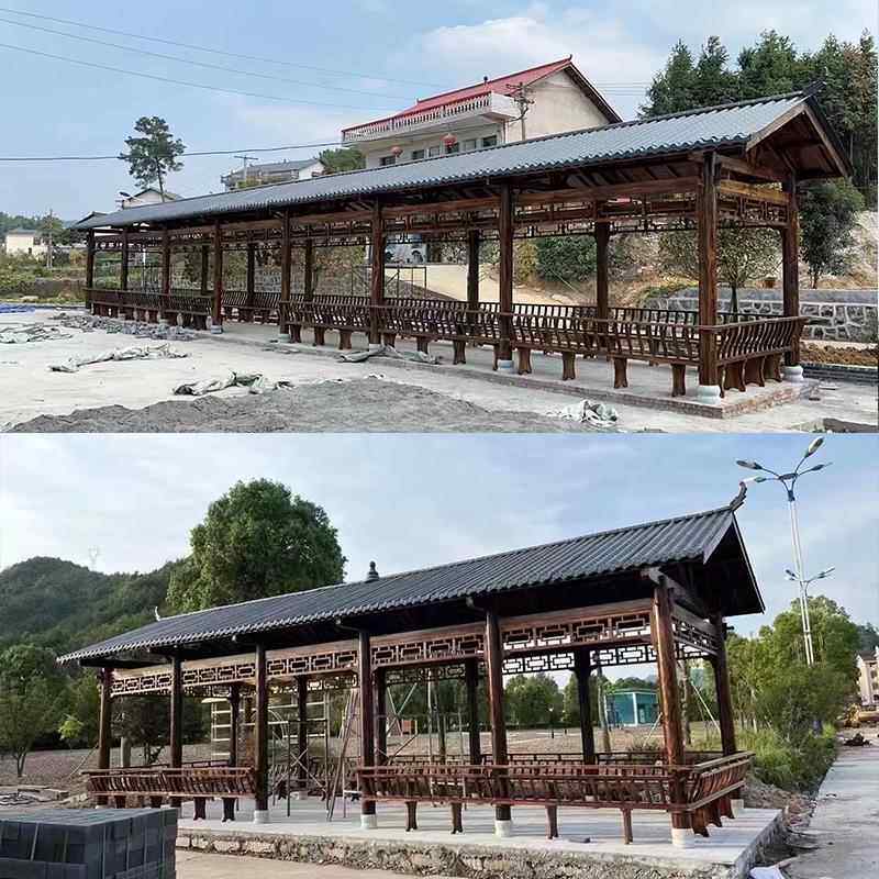 室外庭院现代古色古香树脂瓦走廊景区差异屋亭防腐木廊亭水锗扇形