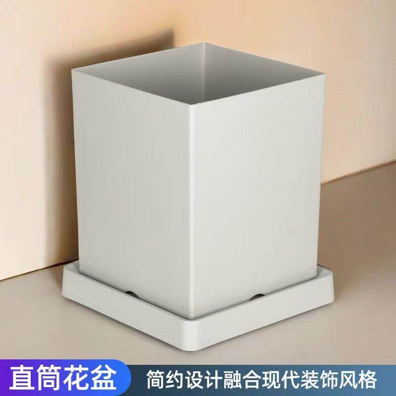 加厚树脂方形直筒花盆大号现代北欧简约盆栽水泥透气带轮花盆托盘