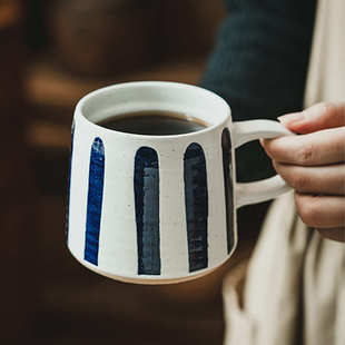 创意手绘蓝色条纹马克杯陶瓷杯批发家用杯子早餐杯大容量杯咖啡杯