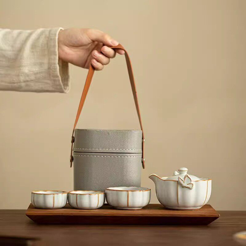 汝窑蝴蝶旅行茶具套装户外便携式快客一壶三杯出差旅游泡茶器套组