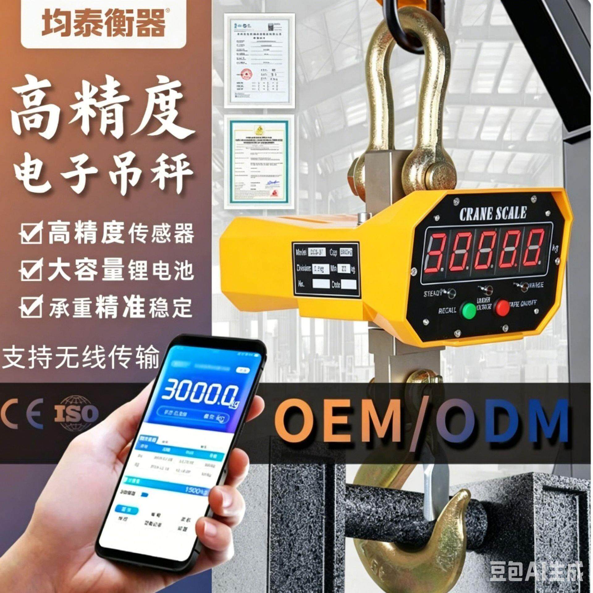 吊秤T吊磅称5吨吊车秤10吨打印电子称商用遥控模块便携式无线