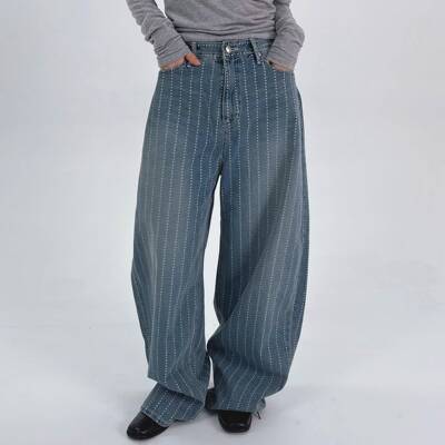 2026春季新款韩系星条纹腰带弧形浅蓝休闲裤阔腿直筒牛仔裤女装潮