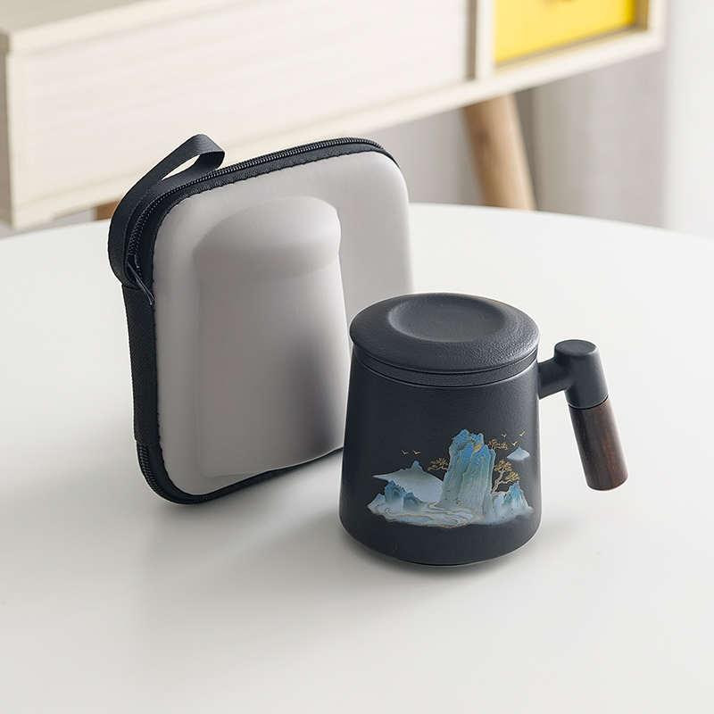 万里江山黑色泡茶杯子大容量带盖过滤茶水分离陶瓷杯办公室定制