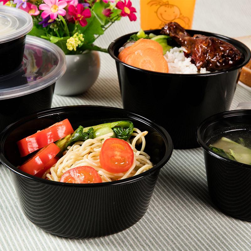 OF9D黑色一次性餐盒圆形1000ml水果汤碗便当快餐炒饭外卖打包盒带