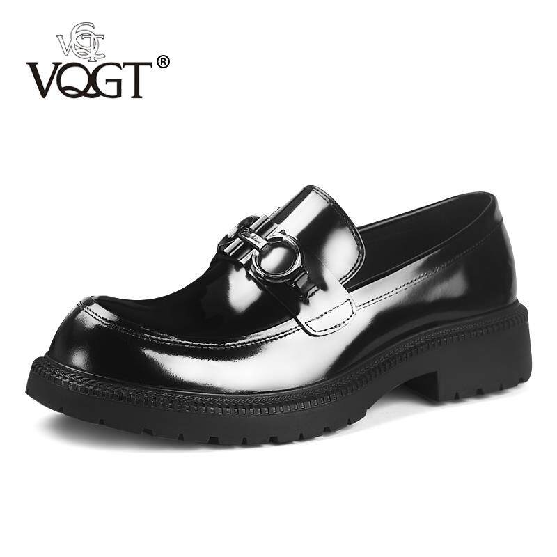 正品VQGT牛伦休闲皮男真皮一脚蹬乐英福鞋皮圆头男鞋大头鞋厚底增