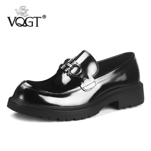 高档QGT英伦休闲皮鞋男真皮V一脚蹬乐福头鞋牛皮圆头男大鞋厚鞋底