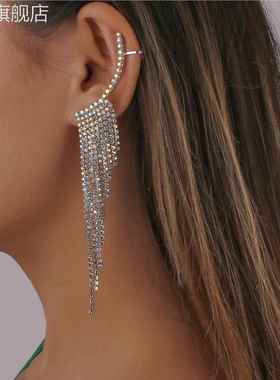 E10274欧美气质简约流行耳环 网红流苏水钻耳针几何宴会夸张耳饰