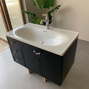 黑色覆古实木烤漆浴室柜组合中古风洗漱台定制陶瓷一体盆上喜卫浴
