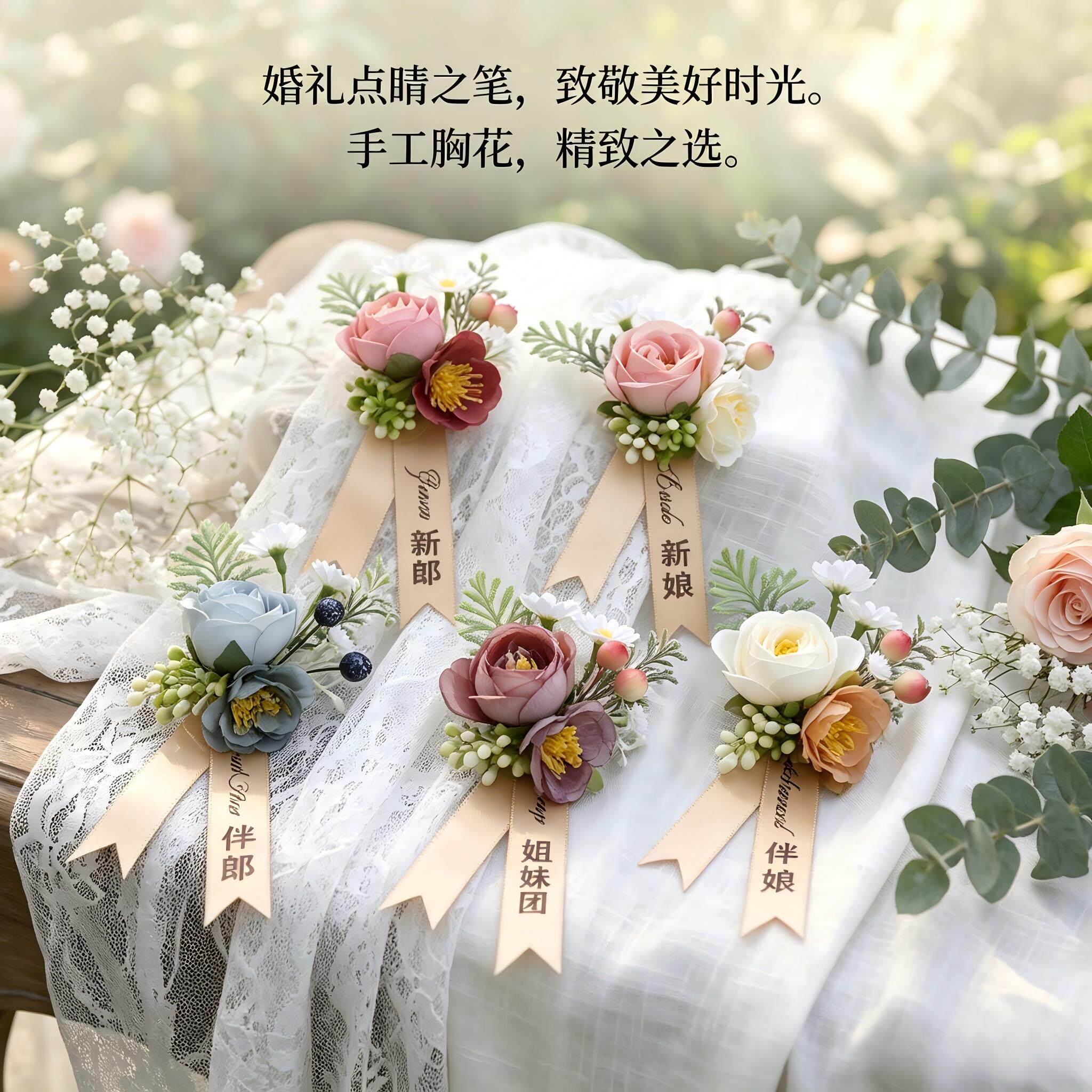 胸花结婚用小清新新郎新娘香槟色迎亲花彷真襟花伴郎伴娘胸针一套