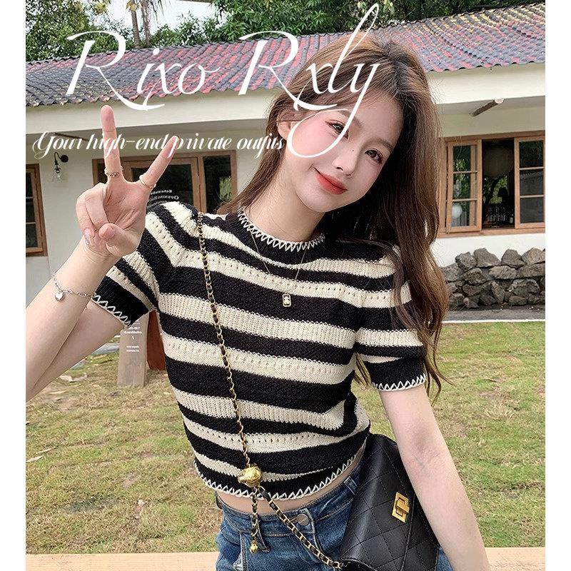 RIXO RXLY黑白条纹短袖t恤女春夏季小众设计感短款气质针织衫上衣