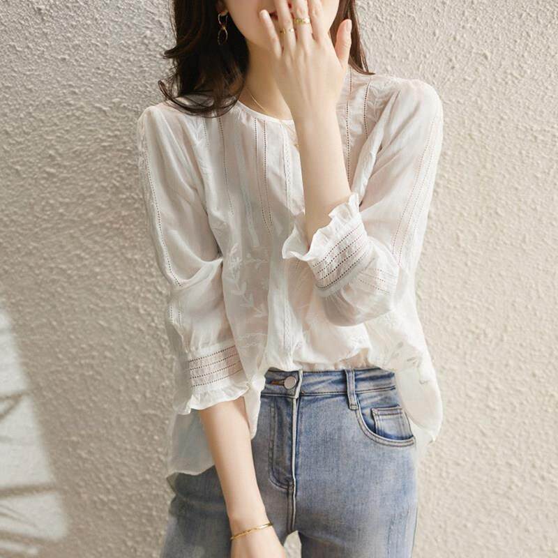 白色棉麻衬衫女短袖夏季薄款2022新款宽松绣花设计感休闲半袖上衣