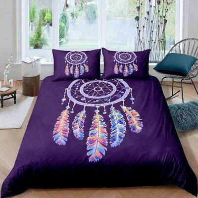 Purple Dream Catcher Duvet Cover Set Bohemian Feather Dream