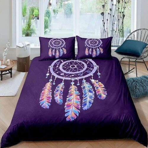 Purple Dream Catcher Duvet Cover Set Bohemian Feather Dream