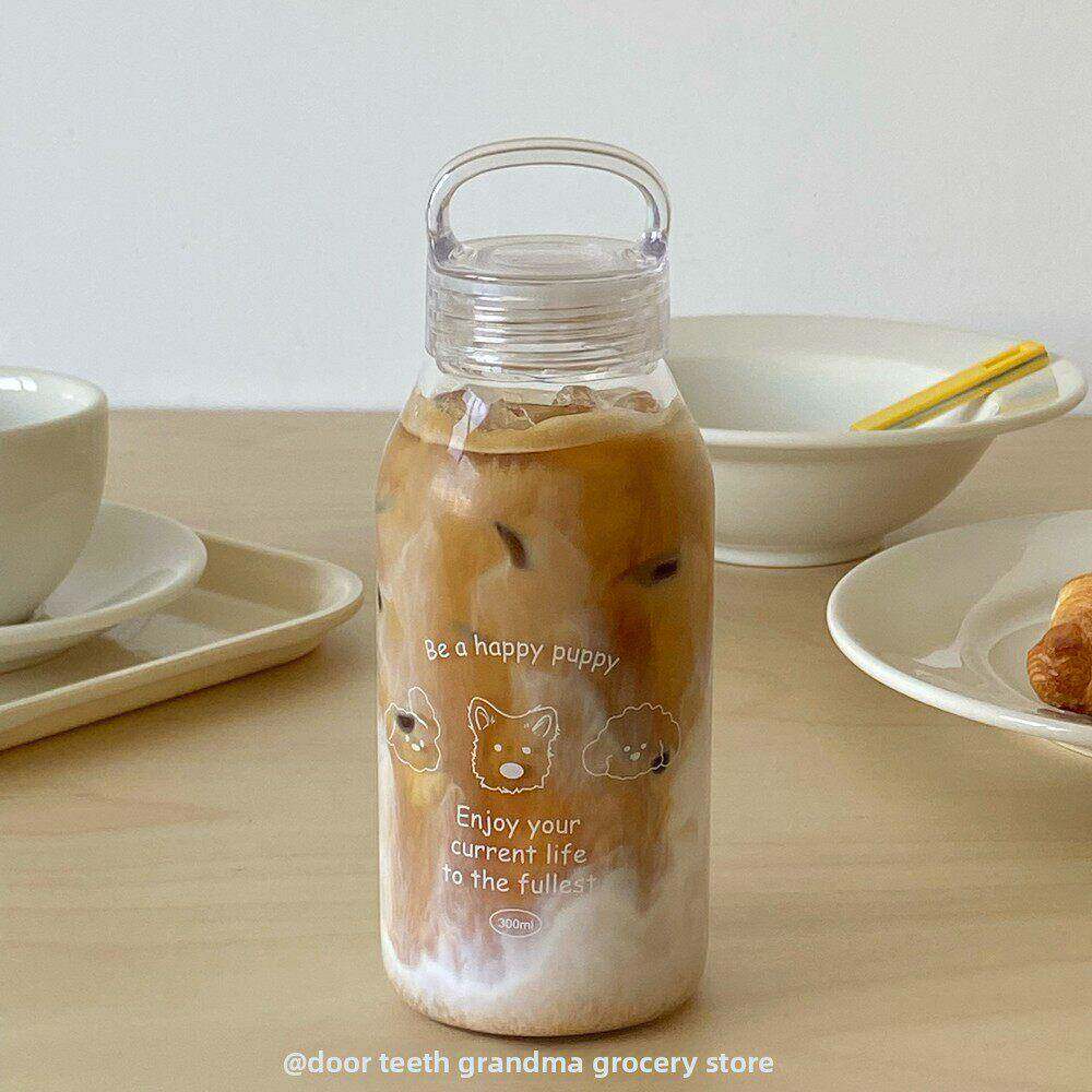 原创快乐小狗玻璃手柄杯耐高温大容量水杯方便杯可爱水杯