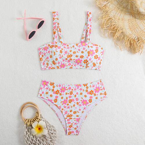 Small floral high waisted patchwork bikini split swimsuit