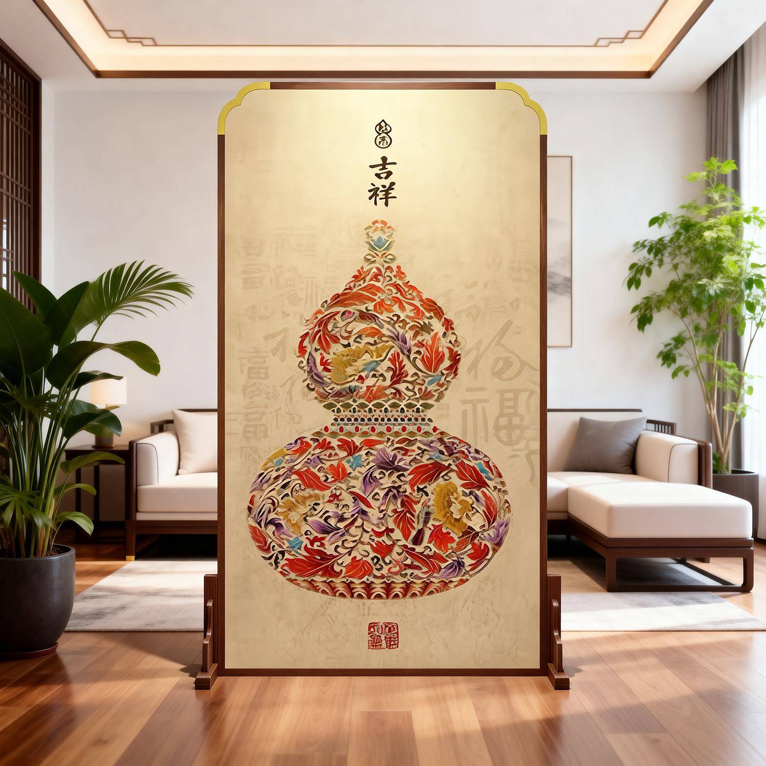 宋代美学新中式吉祥葫芦实木屏风隔断客厅玄关装饰遮挡可移动座屏