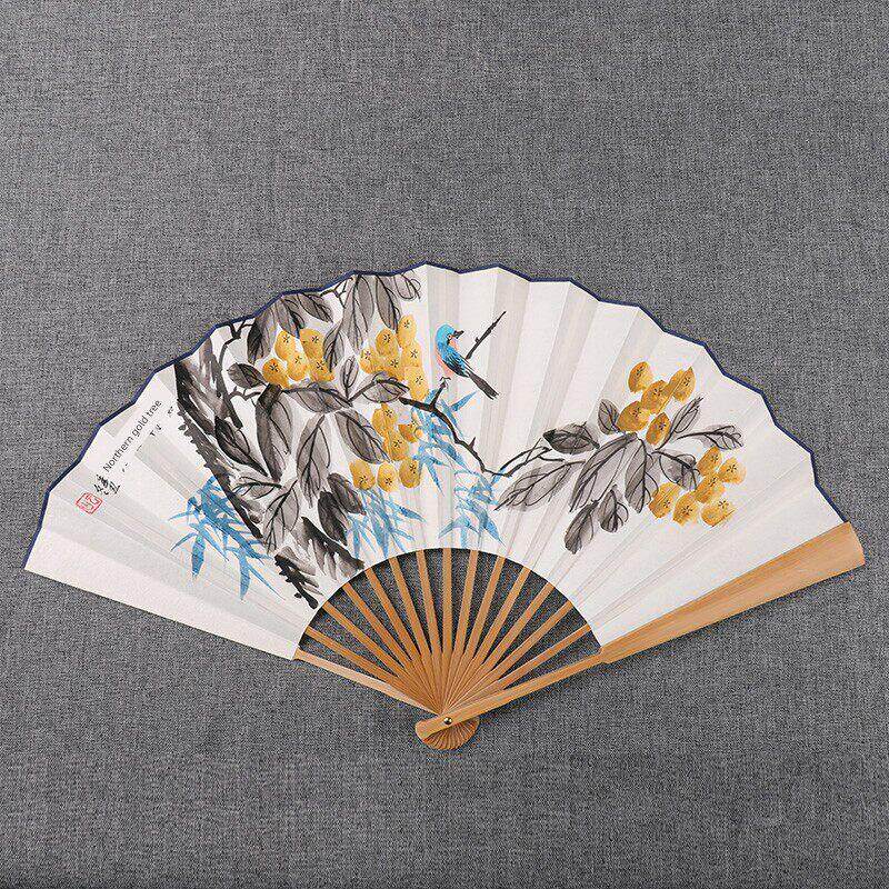 扇子中国风10寸男士折扇古风日用黄精山水画花鸟手绘宣纸礼品扇