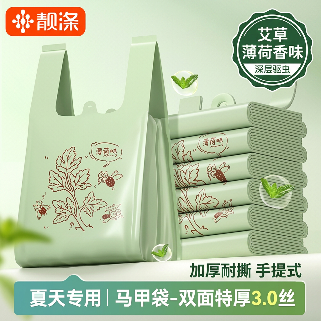 靓涤艾草薄荷垃圾袋加厚手提式厨房厨余袋家用中大号塑料袋香味