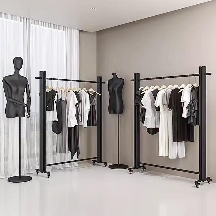 服装店黑色展示架落地式移动带轮子挂衣架男女装店中岛货架陈列架